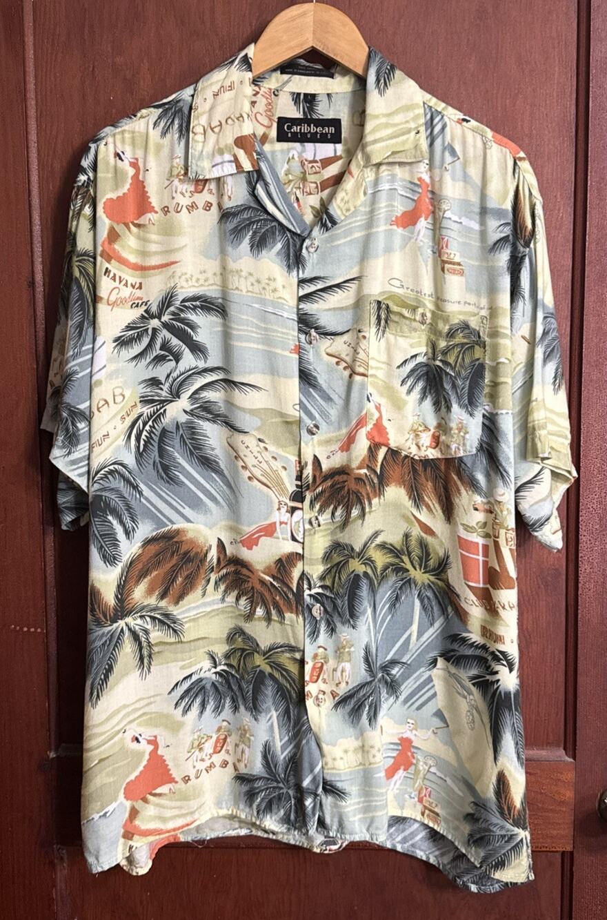 Caribbean Blues Men’s L Hawaiian Shirt Havana Rum Tropical Tiki Coastal Beach